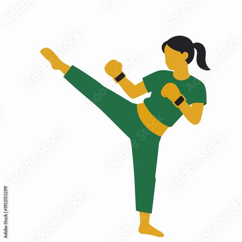 Muay Thai Female Fighter Performing High Roundhouse Kick, Adult Southeast Asian Woman Athlete in Traditional Combat Sports Gear, Indoor Training Session, Powerful and Focused Concept Art