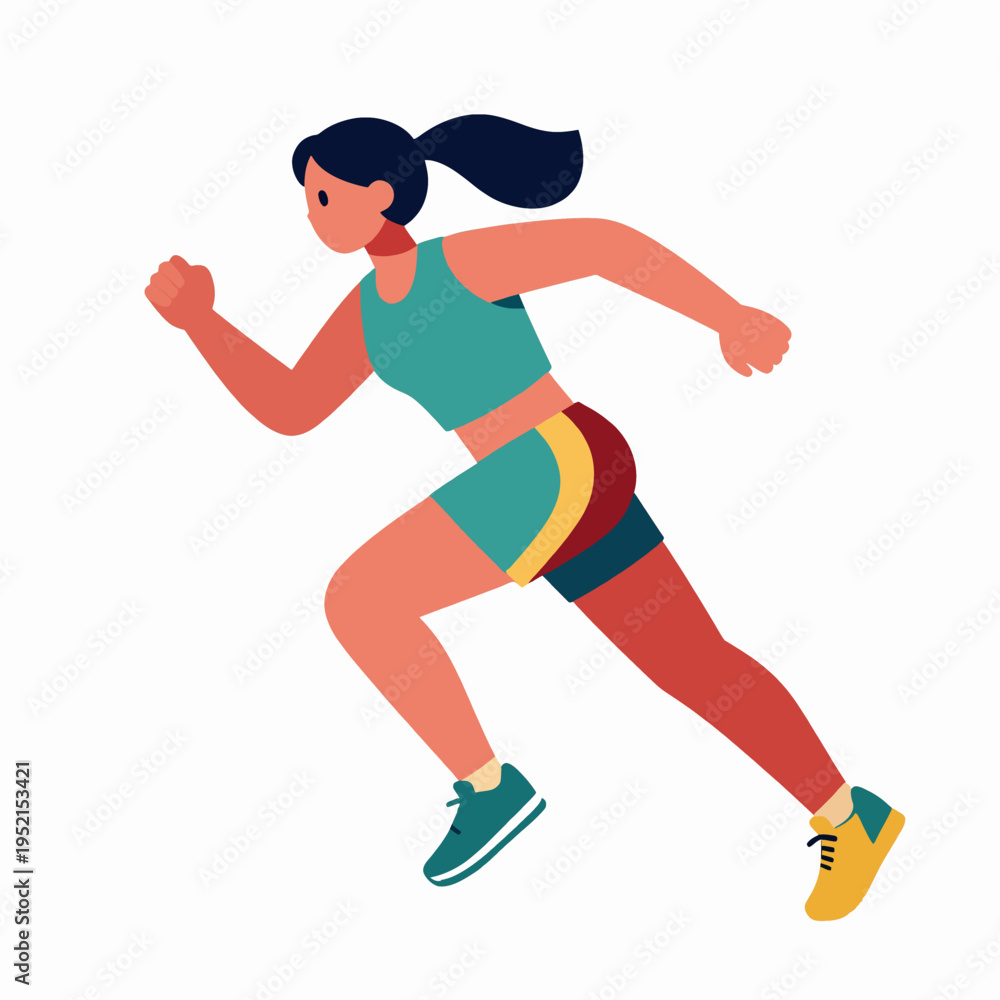 Fototapeta premium A Young Southeast Asian Woman Athlete in a Dynamic Sprinting Pose, Flat Vector Illustration of a Professional Female Runner During an Outdoor Morning Track Session, Sport and Fitness Concept.