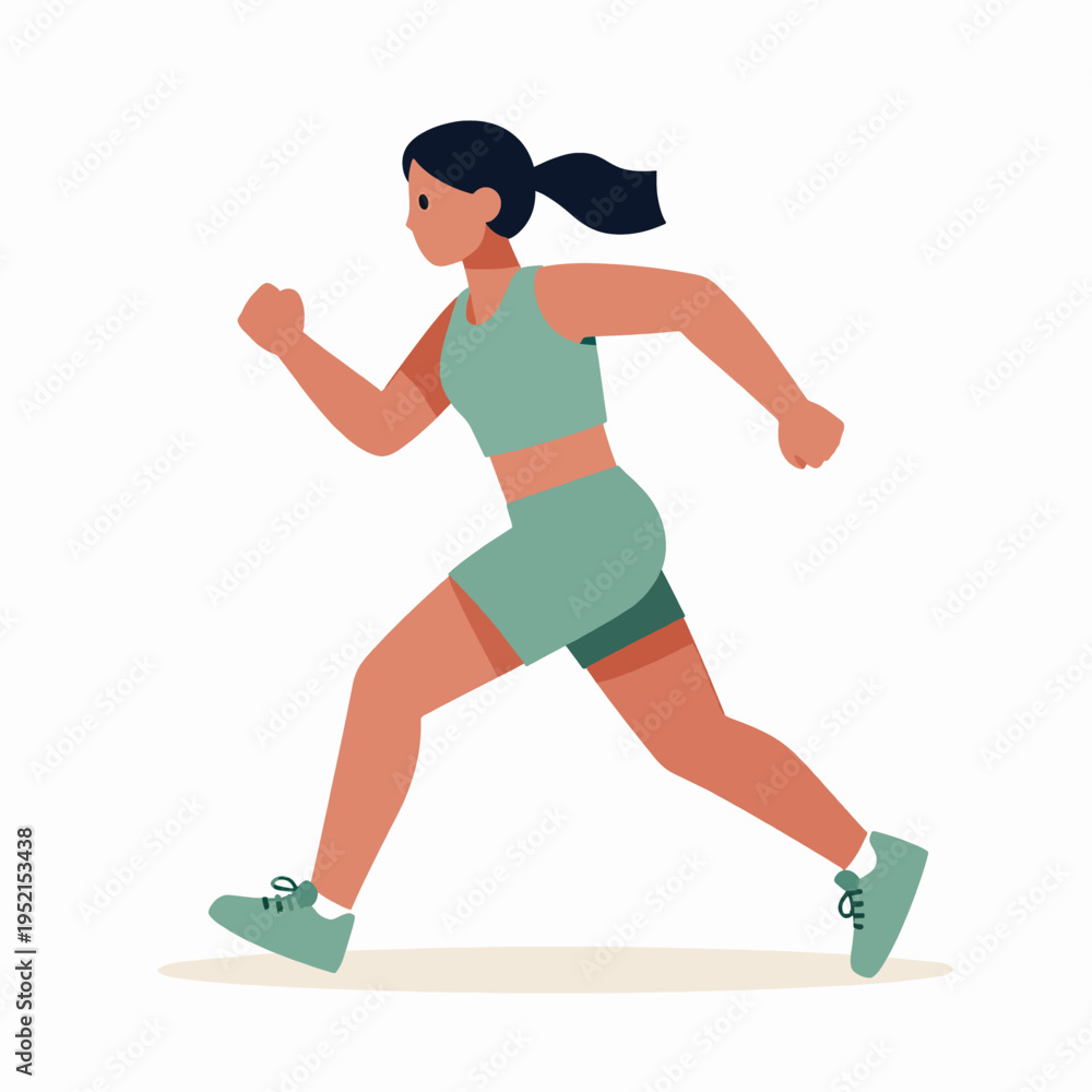 Fototapeta premium Flat vector illustration of a single Black woman sprinter in a dynamic running pose, minimalist athlete silhouette for fitness and sports concept, earthy terracotta and green tones, isolated on white.