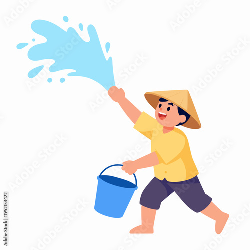 Joyful Southeast Asian man wearing a traditional conical hat throwing water from a bucket during Songkran festival celebration, flat vector illustration isolated on white background