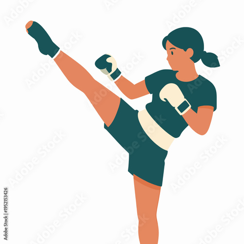Strong Young Southeast Asian Woman Practicing Muay Thai Kick, Professional Female Athlete in Training, Flat Vector Illustration of Martial Arts Concept, Minimalist Sportswear, Isolated on White.