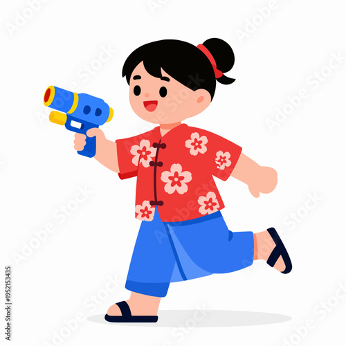 Fotografija A happy Southeast Asian girl in a red floral Songkran shirt and blue sarong running and playing with a water gun during the Thai New Year water festival outdoors, joyful mood, flat vector art