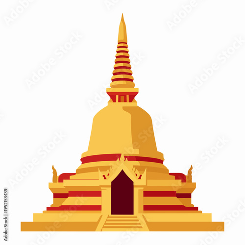 Minimalist flat vector illustration of a single golden Thai temple stupa, traditional Southeast Asian architecture icon, ornate Buddhist pagoda design isolated on white, cultural landmark concept.