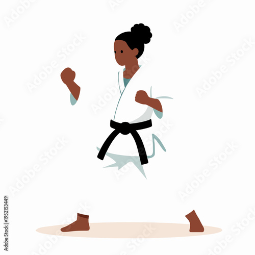 Athletic Black Woman in Karate Combat Stance wearing White Gi and Black Belt, Focused Female Martial Artist practicing Taekwondo in a Minimalist Flat Vector Illustration Style, Fitness Concept.