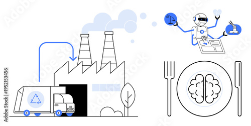AI technology, automation, food processing, sustainability, decision-making, innovation. Factory emitting clouds, robot analyzing charts and brain on a plate. AI technology and automation concepts