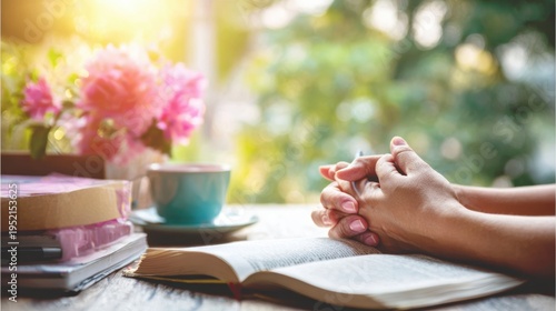 Hands Clasped in Prayer Over Open Book with Morning Sunlight and Pink Flowers