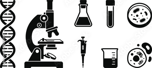 Laboratory and Science Research Icons Set Vector Flat Illustration of Scientific Equipment and Biology Symbols