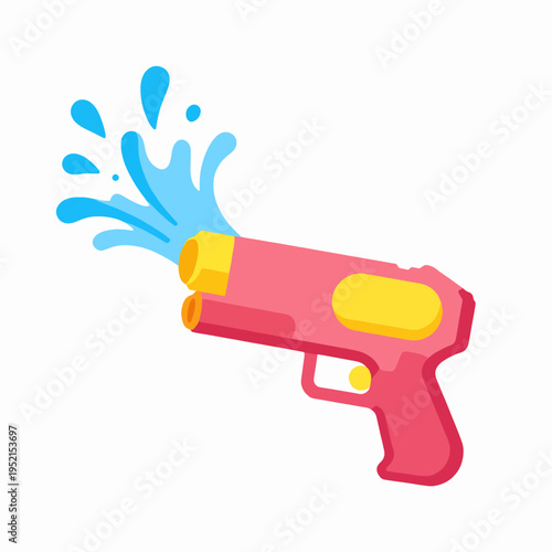Flat vector illustration of a single red water gun splashing blue water, representing the playful spirit of the Songkran festival, isolated on white background, celebrating Thai New Year fun.