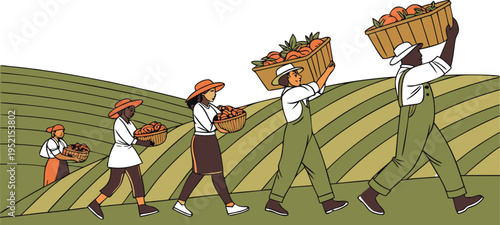Diverse group of farmers harvesting crops, carrying baskets and wooden crates filled with fresh produce across a green field, depicting agricultural labor and teamwork in a flat vector