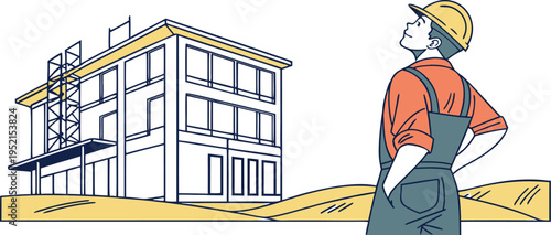Construction worker in hard hat and overalls looking up at a building with scaffolding, illustrating real estate development or renovation vector