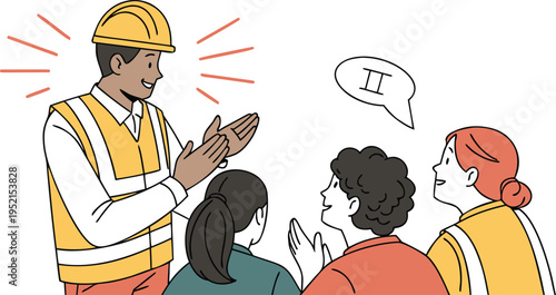 Diverse construction workers in safety vests and hard hat applauding a male colleague, representing teamwork, success, and appreciation in a modern flat vector illustration style.