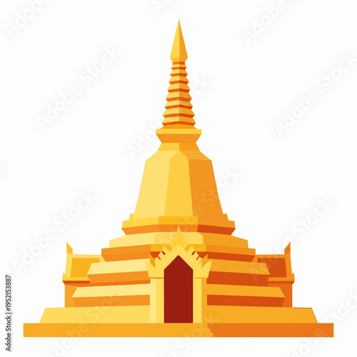 Golden Thai Buddhist Pagoda Flat Vector Illustration, Traditional Southeast Asian Stupa Architecture for Songkran Festival Celebration, Isolated Religious Landmark Icon on White Background