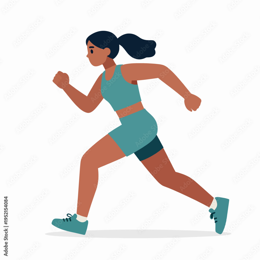 Fototapeta premium A single African American woman sprinter in a dynamic running pose, flat vector illustration, minimalist athlete character performing track and field sports activity, fitness concept, isolated