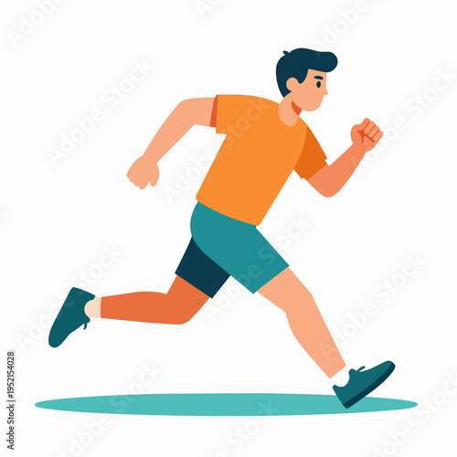 Professional Asian male athlete sprinting in mid-stride, flat vector illustration of a runner in a competitive race, minimalist fitness concept with teal and orange colors, isolated on white