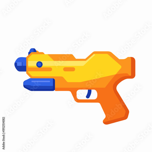 Flat vector illustration of a bright yellow and orange plastic water gun for Songkran festival celebration in Southeast Asia, isolated on white, summer fun and water fight concept