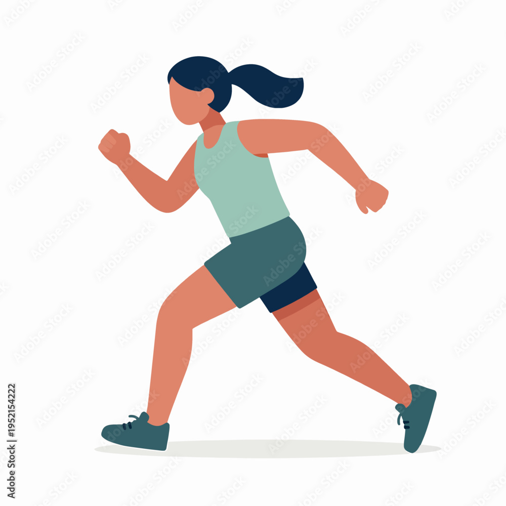 Fototapeta premium Flat vector illustration of a single young Black woman sprinter in a dynamic running pose, side view of an African American female athlete exercising outdoors, minimalist fitness concept.
