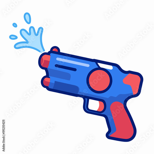 Flat vector illustration of a single blue and red plastic water gun toy for Songkran festival, Southeast Asian summer celebration water blaster isolated on white background, playful toy for kids.