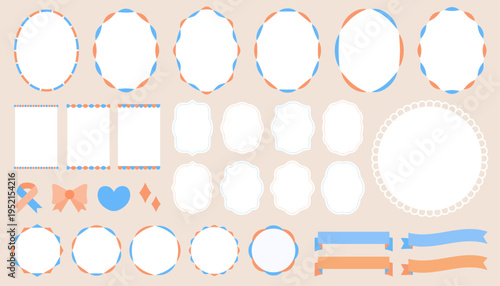 ガーリーな北欧風のフレームセット、カラフルな装飾枠とリボンのベクターイラスト