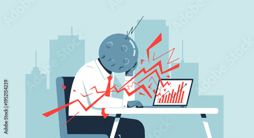 Illustration of a stressed businessman sitting at a desk with a laptop showing a declining graph and red chaotic lines around his head on a city background.