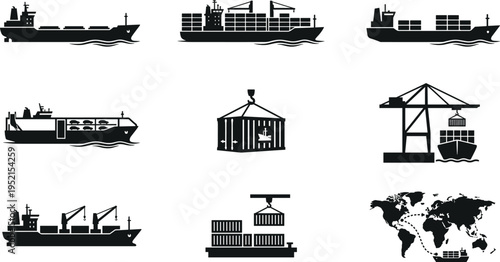 Shipping and Logistics Icons Set Vector Flat Illustration of Cargo Ships Containers and Global Transport Symbols