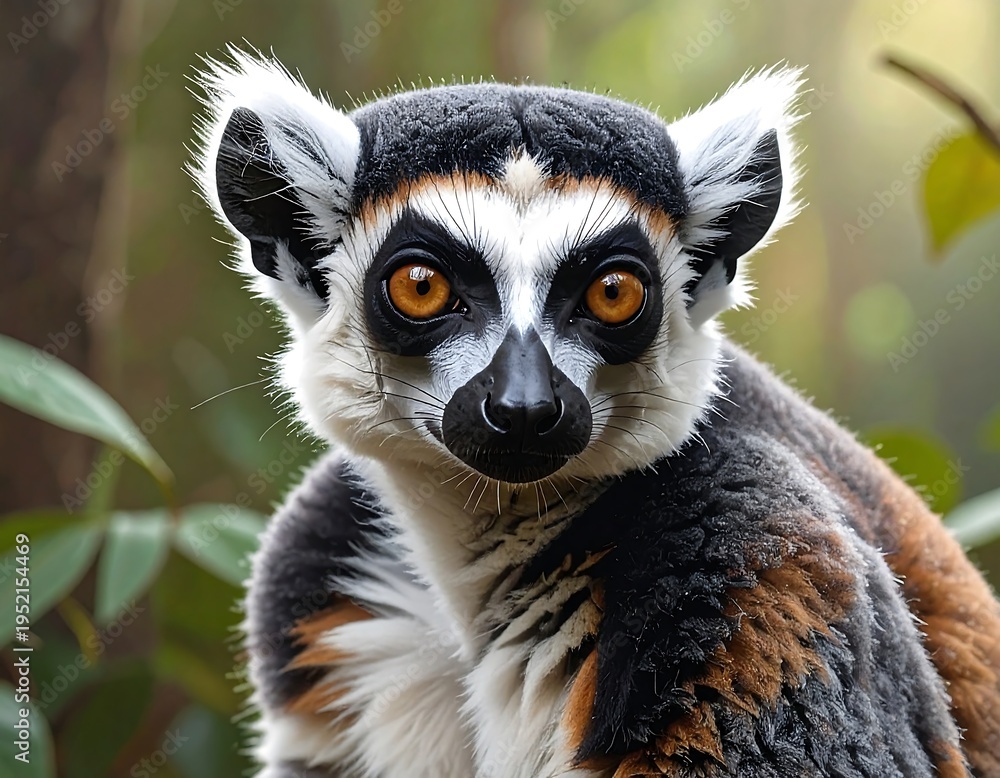 Naklejka premium Close-up of a ring-tailed lemur with striking eyes and patterned fur