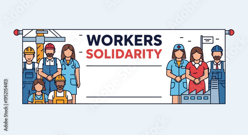 Illustration of diverse workers in solidarity with text on a white background with a mix of blue, red, and orange colors.