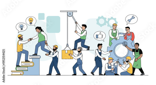 Illustration of diverse team members collaborating to assemble a large gear with various tools and ideas in a light blue workspace with a productive mood.