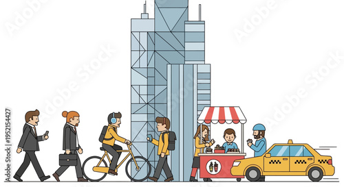 Flat illustration of people walking, cycling and riding a food delivery scooter past a tall building and yellow taxi on a city street with a red and white food cart.
