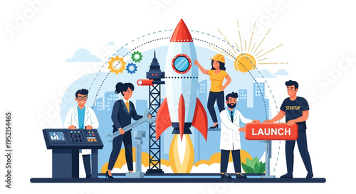 Illustration of a diverse team launching a rocket with various technical and analytical elements in a vibrant and dynamic scene.