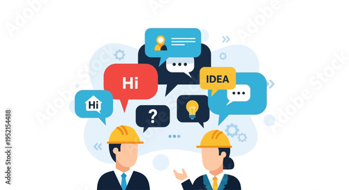 Flat illustration of two construction workers discussing ideas with speech bubbles on a clean white background.