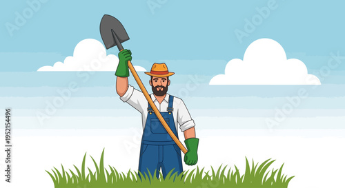 A cartoon gardener in blue overalls and an orange hat holds a shovel up in a grassy field with a blue sky and white clouds.