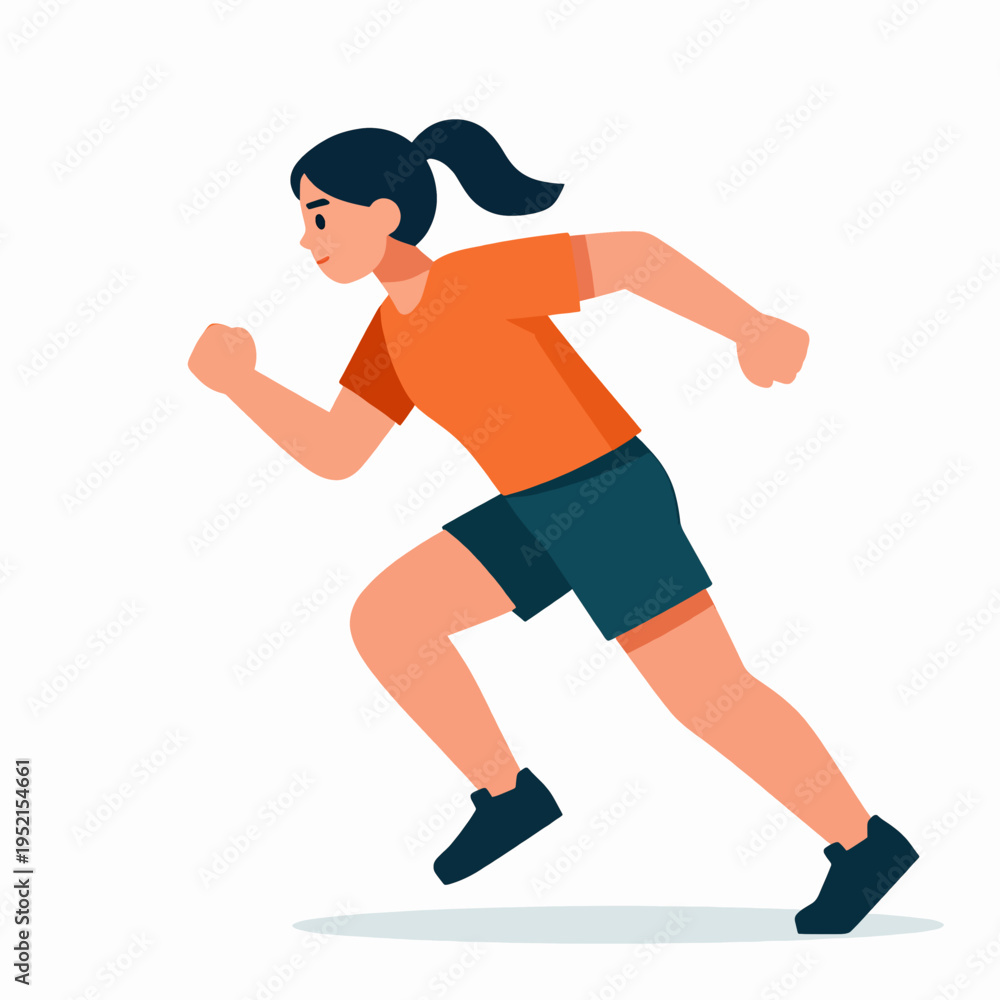 Fototapeta premium Flat vector illustration of a single young Asian female athlete in a focused sprinting pose, minimalist running girl icon for fitness and sports concept, isolated on white background.