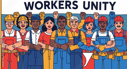 Diverse group of workers standing united with fists raised in solidarity, wearing various construction hats and overalls in a colorful, graphic illustration with a bold and determined mood.