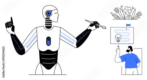 Artificial intelligence, creativity, automation, collaboration, technology integration, education, futuristic art. Robot performing creative tasks with human assistance. AI creativity and automation