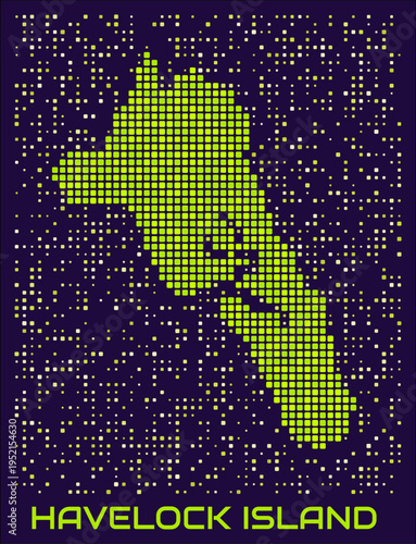 Havelock Island dots map. India. Digital style boundary shape. Havelock Island map and title lime colored square dots with round corners. Vibrant Vector Illustration.