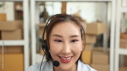 Customer, support, service, communication, ecommerce, cheerful seller or small business owner in headset listens and responds to buyer questions, managing ceramic online order service from home office
