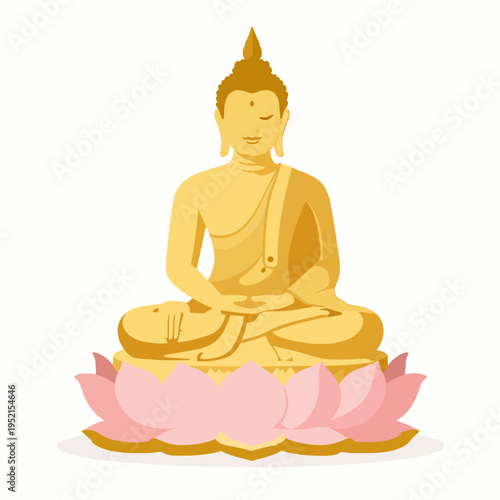 Minimalist flat vector illustration of a golden Southeast Asian Buddha statue sitting in meditation on a lotus, symbol of peace for the Thai Songkran Festival, isolated on white background.
