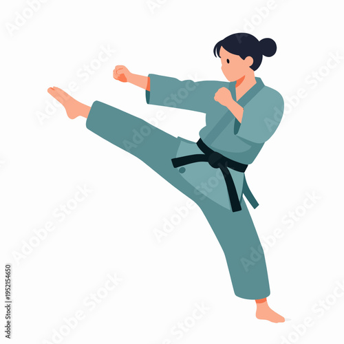 Flat vector illustration of a single Japanese female karate athlete in a powerful kicking pose, professional martial arts woman exercising at the gym, minimalist fitness concept art