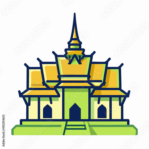 Minimalist flat vector illustration of a traditional Southeast Asian Thai temple with a golden tiered roof and green accents