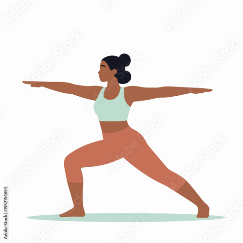 A single young African American woman practicing a dynamic yoga pose outdoors during the morning, wearing minimalist athletic wear for fitness and wellness, flat vector illustration style.