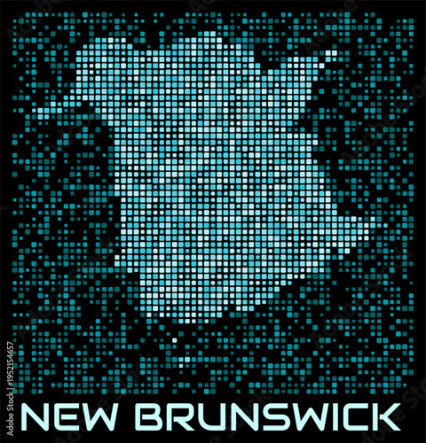 New Brunswick, Canada digital dotted map. Shape of the province in cyan color palette on dark background. Futuristic New Brunswick, Canada map design. Vector illustration.