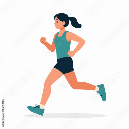 Athletic East Asian woman marathon runner sprinting in minimalist flat vector illustration style, focused female athlete in teal sportswear exercising outdoors, fitness and healthy lifestyle concept.