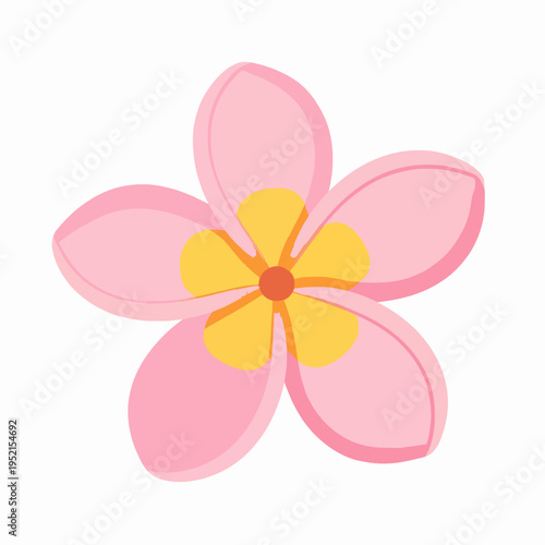 Vibrant pink plumeria flower isolated on white background, minimalist flat vector illustration of a tropical frangipani blossom, elegant floral design element for summer spa and wellness concepts.