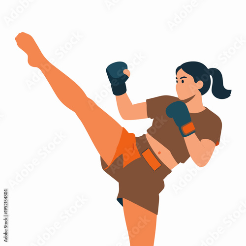Flat Vector Illustration of an Adult Southeast Asian Female Muay Thai Fighter Performing a High Kick, Minimalist Sports Concept for Martial Arts Training and Fitness, Isolated on White Background