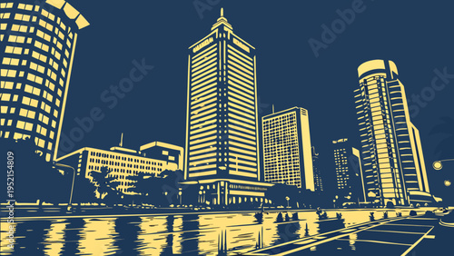 Modern City Skyline with Tall Corporate Towers Illuminated at Night in High Contrast Duo Tone Style jakarta skyline vector