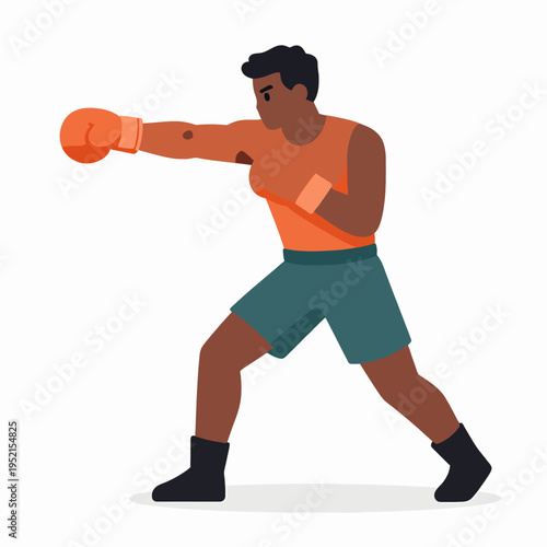 Flat vector illustration of a single muscular Black male boxer in a dynamic fighting stance throwing a punch, minimalist athlete icon for fitness and sports training concept, isolated on white