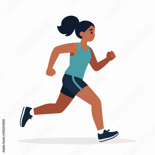 Flat Vector Illustration of a Single Young African American Woman Athlete Running Outdoors, Energetic Female Jogger in Teal Sportswear Training for Fitness and Wellness on a Bright Morning