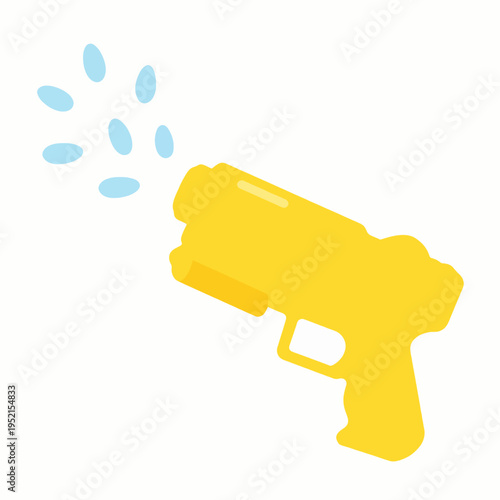 Playful Yellow Plastic Water Gun Toy Blaster Spraying Water Droplets for Outdoor Summer Fun and Childhood Games in the Backyard or Beach, Minimalist Flat Vector Illustration Style