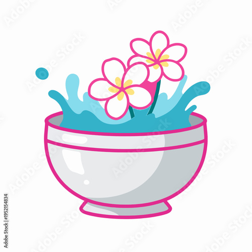 Vibrant flat vector illustration of a traditional Thai silver water bowl with frangipani flower and splashing water, celebrating Songkran festival