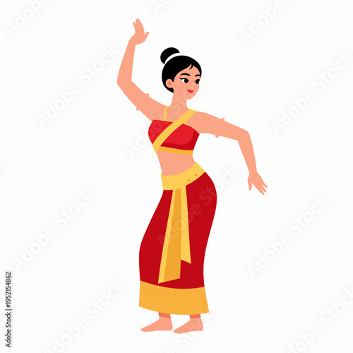 Graceful adult Southeast Asian Thai woman dancer in traditional red and gold silk clothing performing a classical dance pose during Songkran festival